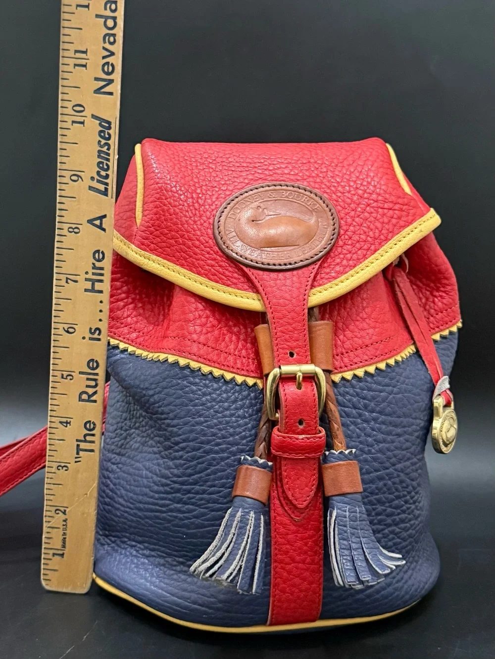 Rare Vintage DOONEY & BOURKE Teton AWL Lipstick Red Navy Yellow Leather Backpack